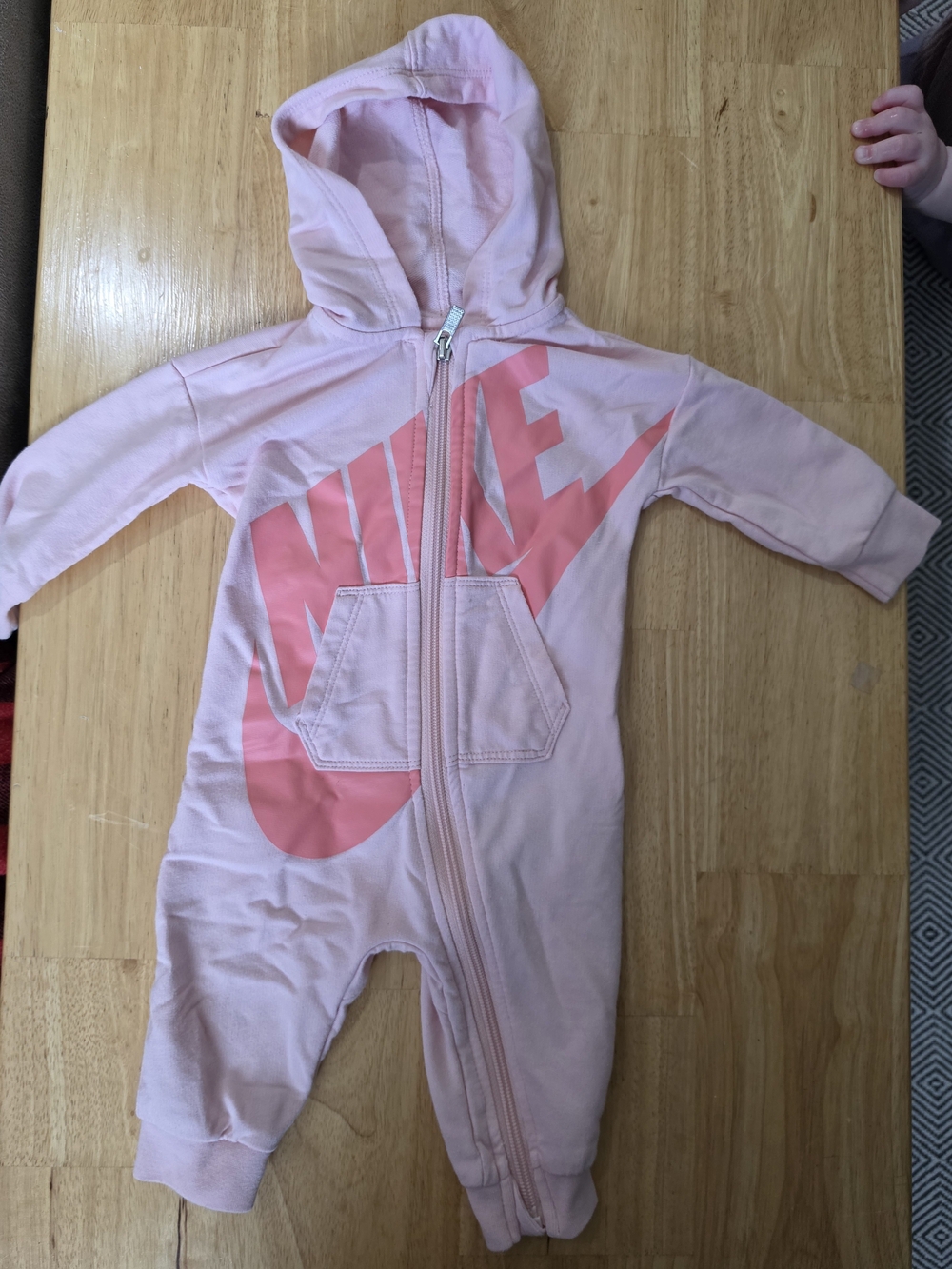 Nike Light Pink Hooded Baby One-Piece with Coral Logo